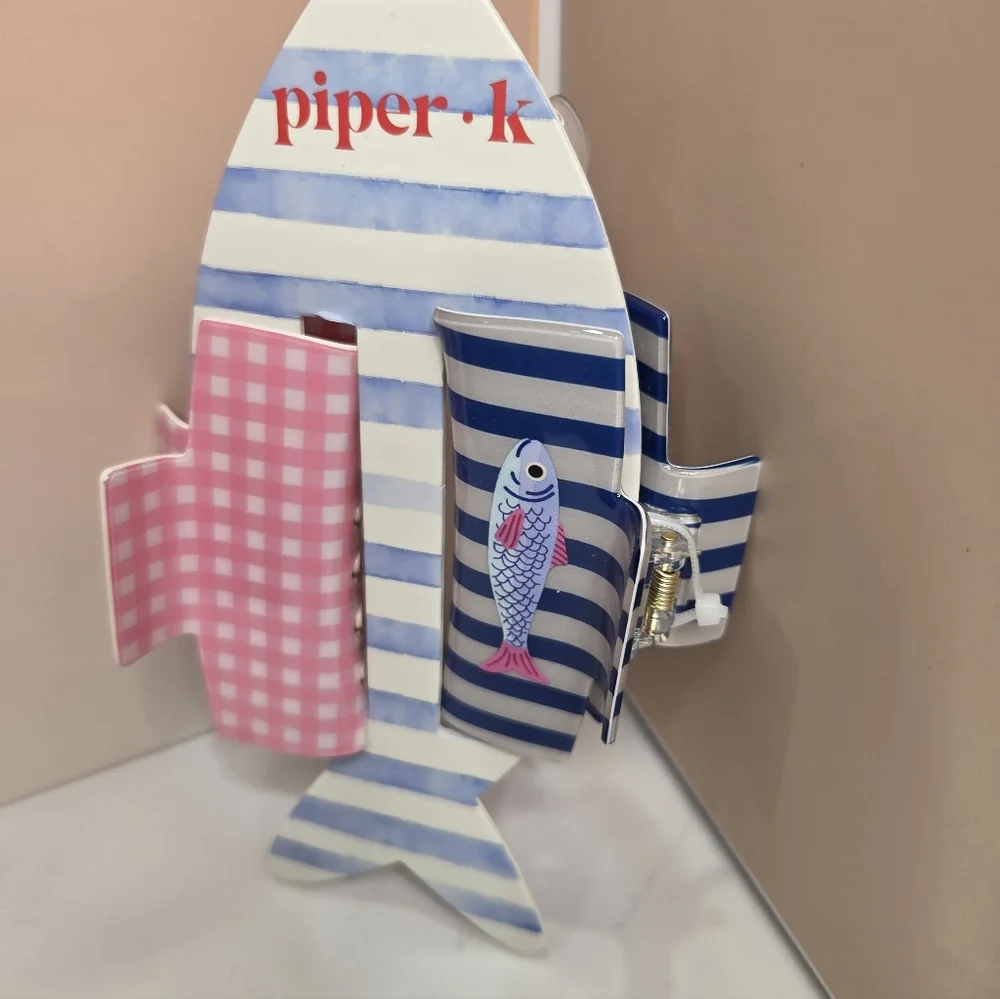 💙▪️Piper K▪️ Pink Plaid and Blue Striped Fish Print Hair Claw Clip Set Of 2
